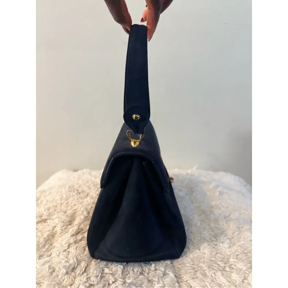 Vintage Saks Fifth Ave Classic Dark Blue Suede Top-Handle Bag with Gold Hardware